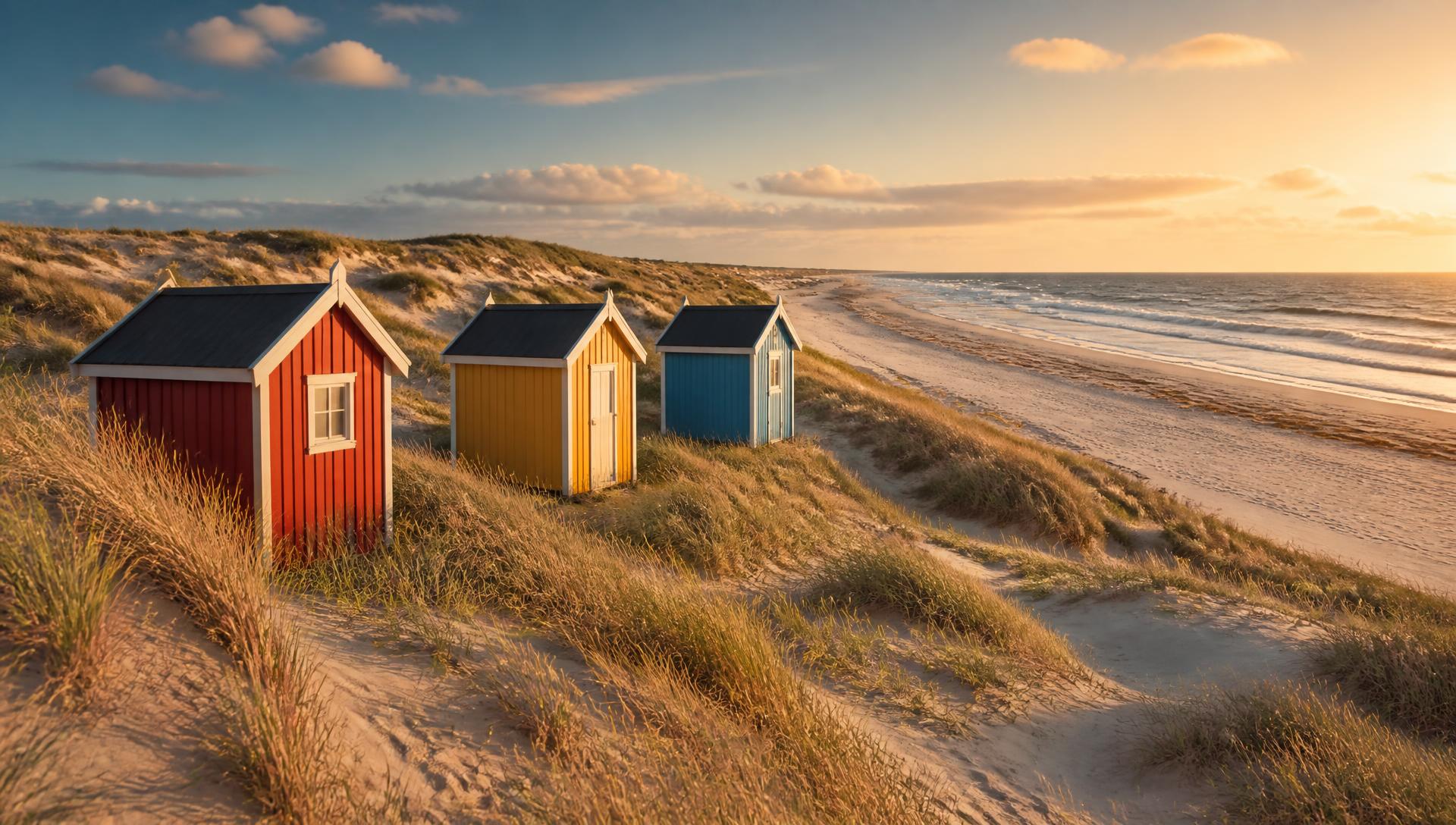 Bunte Badehäuschen in den Dünen an der dänischen Nordseeküste im Abendlicht